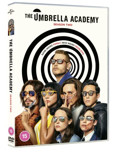 The Umbrella Academy" Season Two DVD cover with character portraits and spiral design.