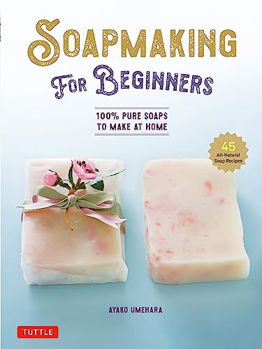 Book cover: "Soapmaking for Beginners" with images of handmade soaps.