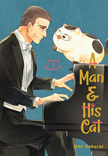 Man in suit gazes at a large calico cat near a piano.