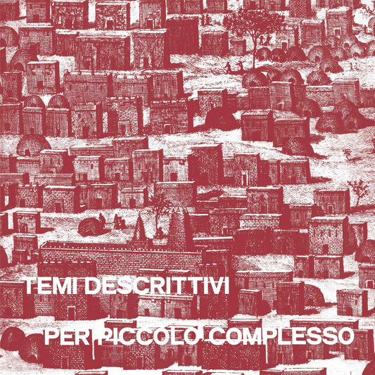 Red monochrome album cover with densely packed, illustrated buildings.