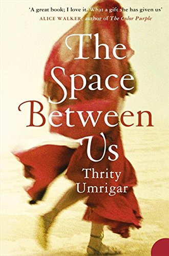 Book cover: woman in a red dress, blurred motion, title "The Space Between Us".