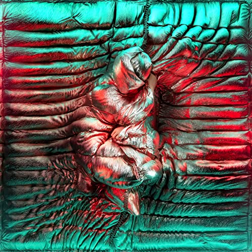 Abstract album cover with textured, layered shapes in red and teal.