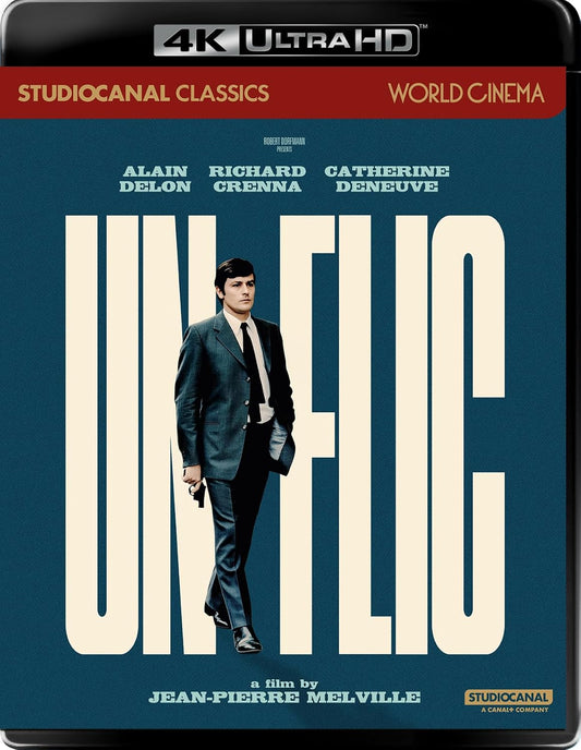 Blu-ray cover for "Un Flic" featuring Alain Delon in a suit.
