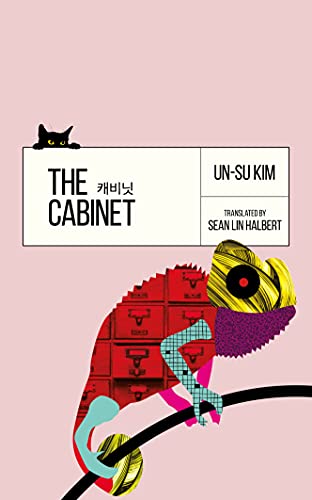 Book cover featuring a chameleon with a cabinet-patterned body on a pink background.
