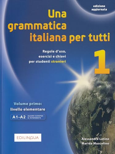 Italian grammar textbook cover, blue background, globe image, and large number one.