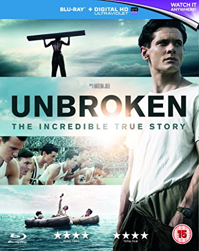“Unbroken” Blu-ray cover featuring Jack O’Connell and scenes of survival.