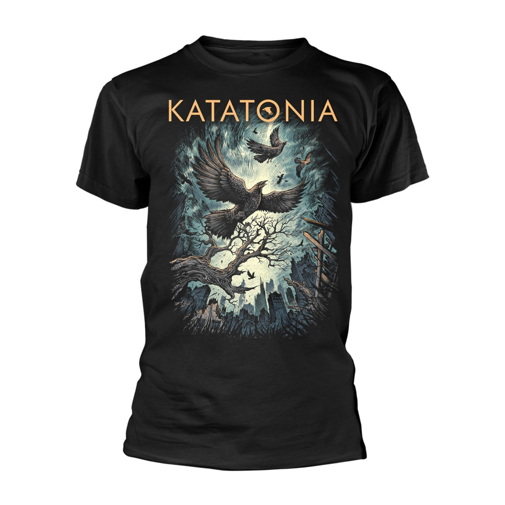 Black t-shirt with a detailed illustration of birds and trees.