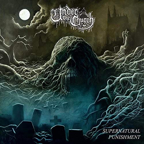 Album cover: skeletal figure in graveyard with church and moon.