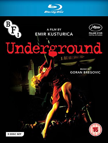 "Blu-ray cover for 'Underground' featuring a man hanging from a rope, red dress."
