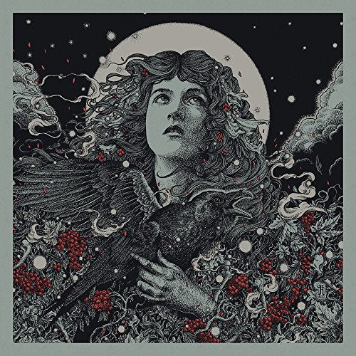 Intricate illustration of a woman with flowing hair, moon, and raven.