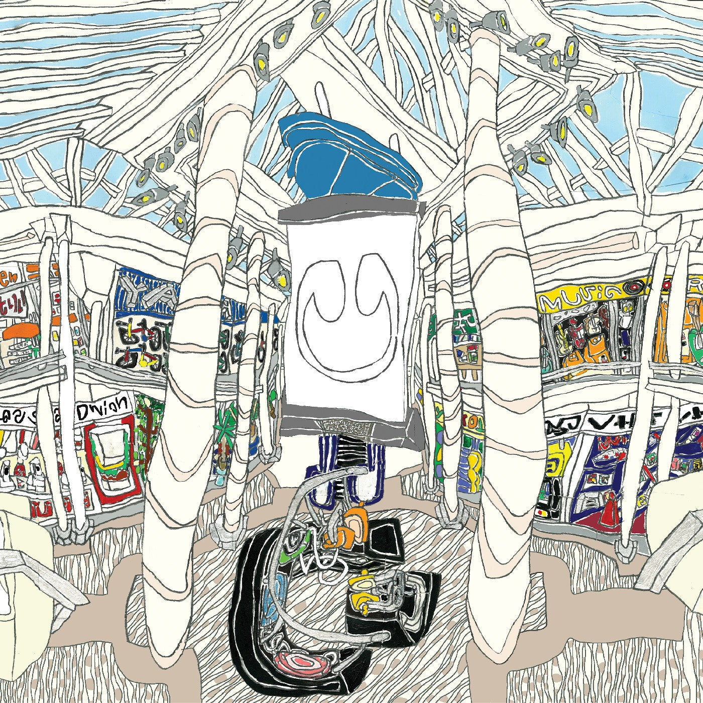 CD cover art: abstract, colorful illustration of a room with electronics.