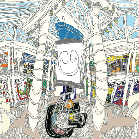 CD cover art: abstract, colorful illustration of a room with electronics.