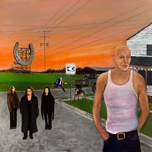 Painted album cover featuring a man, figures, and a surreal landscape.