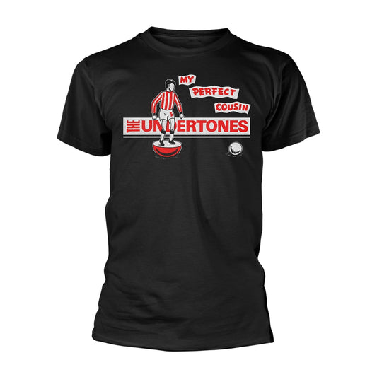 Black t-shirt with red and white graphic of a band and soccer ball.