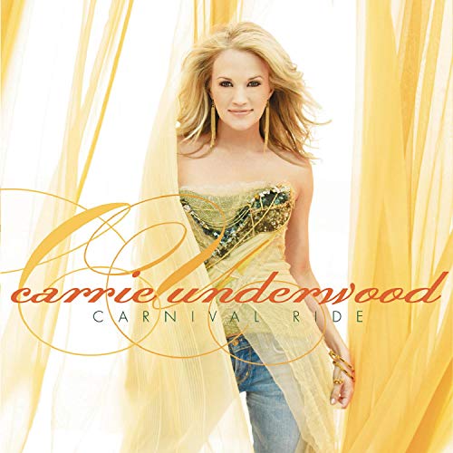 Carrie Underwood album cover, “Carnival Ride,” with golden fabric backdrop.