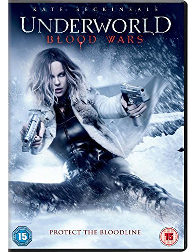 DVD cover for Underworld Blood Wars featuring Kate Beckinsale holding two pistols in snow.