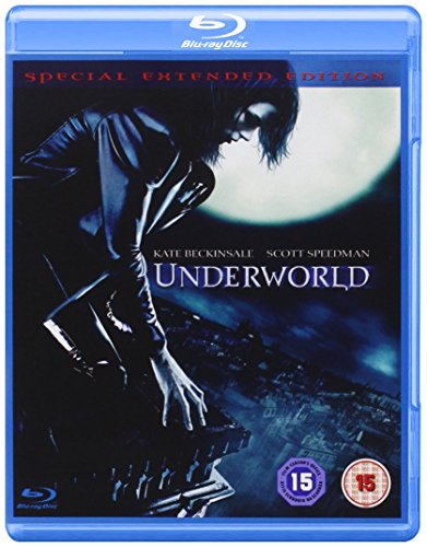 Blu-ray cover art for Underworld featuring a woman in black overlooking a city at night.