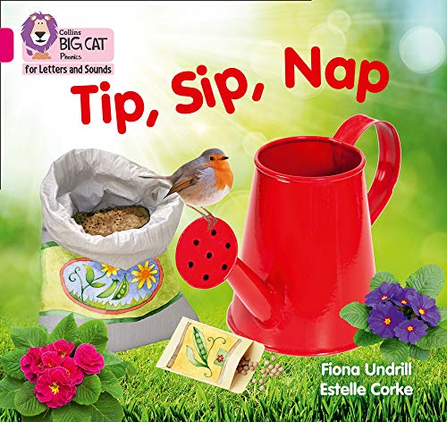 Book cover with a robin, watering can, and bag of seeds on grass.
