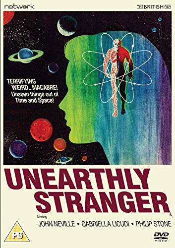Unearthly Stranger" DVD cover: stylized space scene with a silhouetted face and figure.