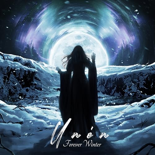 A silhouetted figure in a long dress stands in a snowy landscape before a moon.