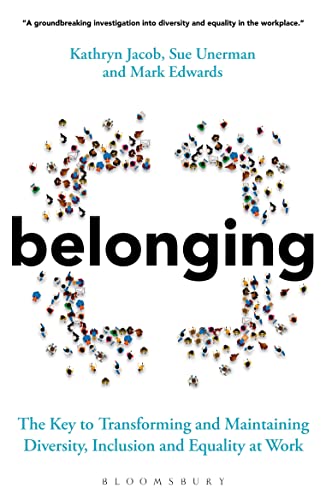 Book cover with the word "belonging" formed from colorful figures.