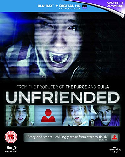 Unfriended" Blu-ray cover featuring a screaming woman with glitch effects.