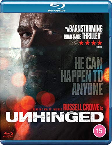 Blu-ray cover for "Unhinged" featuring Russell Crowe’s intense portrait.