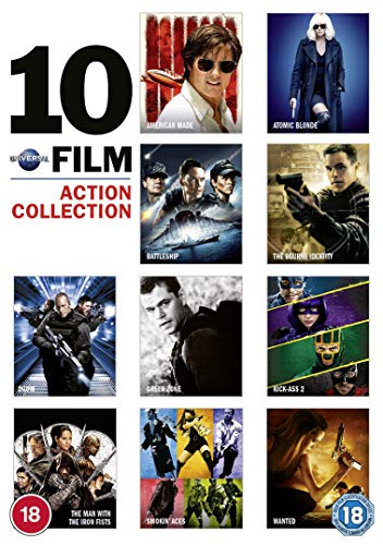DVD cover featuring ten action movie posters, including "Atomic Blonde" and "Wanted.