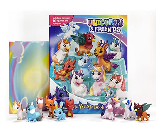 Colorful box set with unicorn and mythical creature figurines.