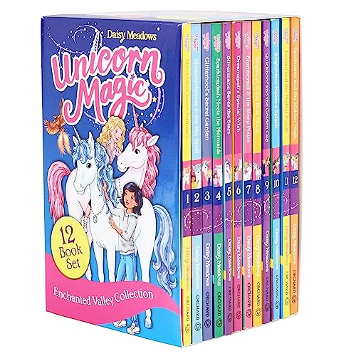 12-book set, "Unicorn Magic," featuring girls, unicorns, and colorful spines.