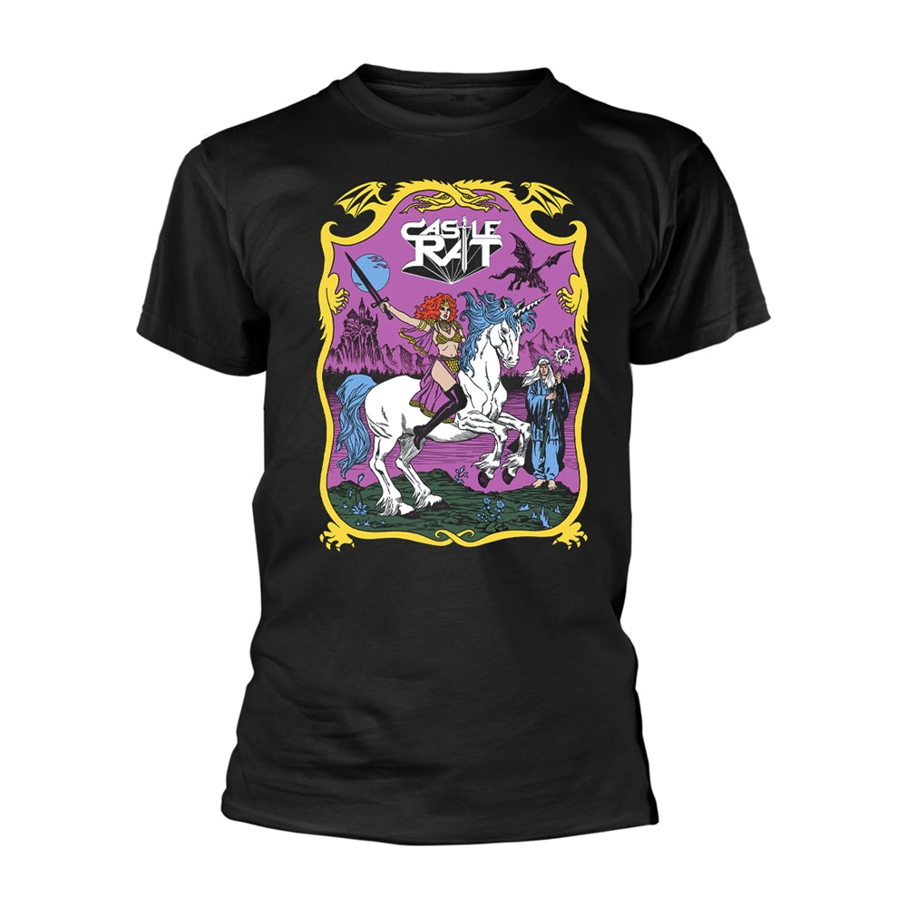 Black t-shirt with graphic of a knight riding a white unicorn.