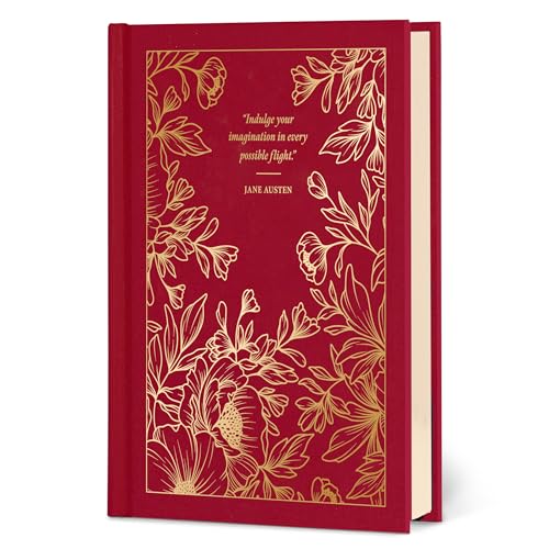 Red journal with gold floral design, titled "Jane Austen: A Journal".