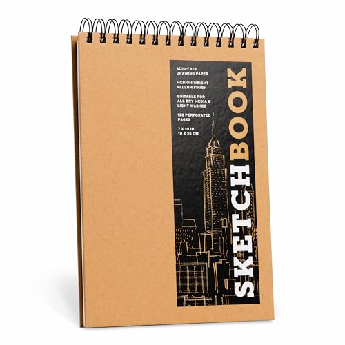 Brown spiral-bound sketchbook with "Sketchbook" vertically printed on the cover.