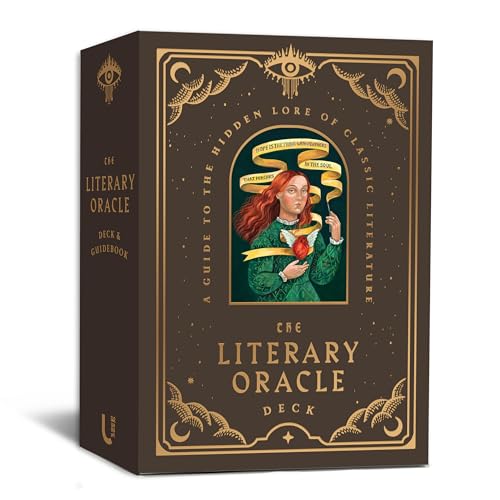 Brown box for "The Literary Oracle Deck" with gold illustrations and a portrait.