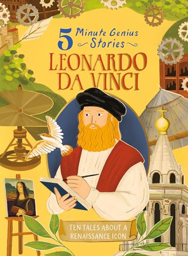 Book cover featuring an illustration of Leonardo da Vinci sketching, surrounded by his inventions.