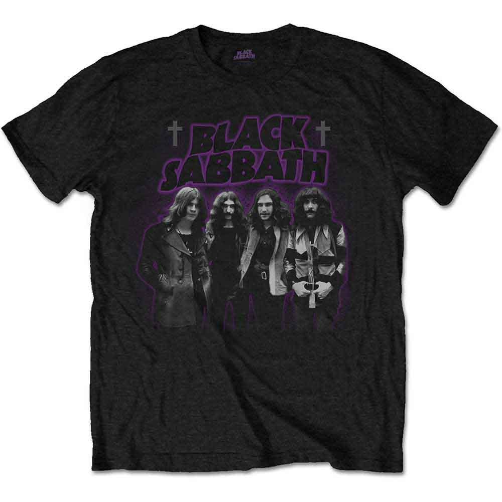 Black Sabbath t-shirt with band image and purple, white graphics.