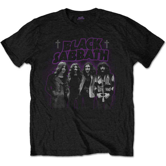 Black Sabbath t-shirt with band image and purple, white graphics.