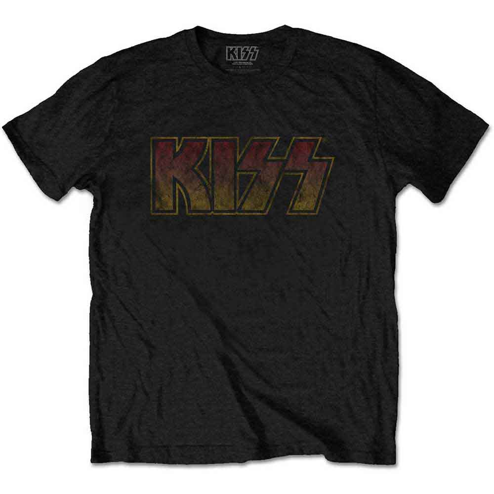 Gray t-shirt with the band KISS’s logo in colorful block letters.