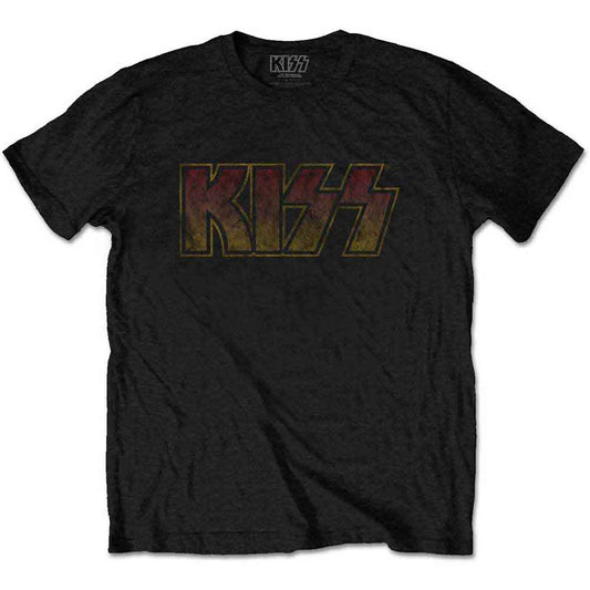 Gray t-shirt with the band KISS’s logo in colorful block letters.