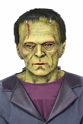 Green-skinned Frankenstein mask with bolts in the neck and dark hair.