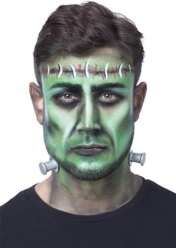 Man with green Frankenstein makeup, stitches on forehead, and neck bolts.