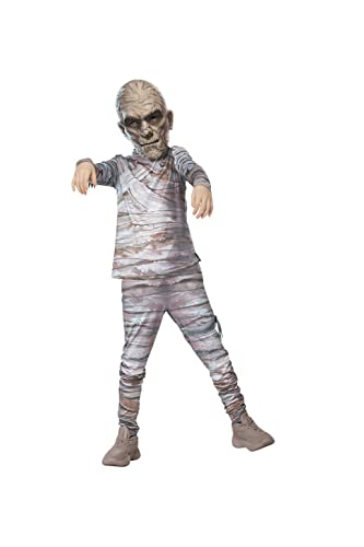 Child in a beige and white mummy costume with visible wrappings.