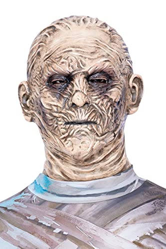 Detailed latex mummy mask with aged, wrapped facial features and dark eyes.