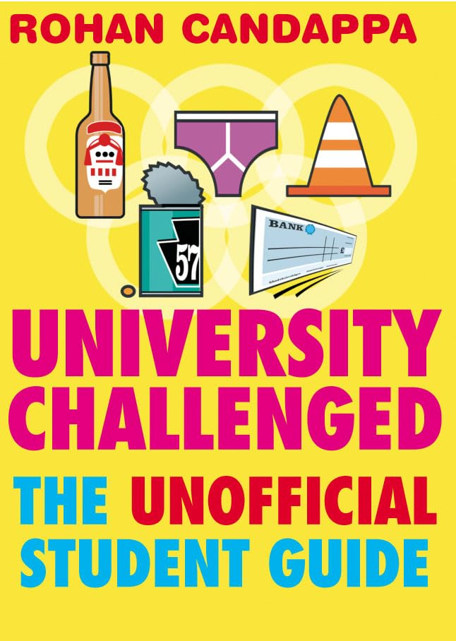 Book cover: "University Challenged" with cartoon images of student life.