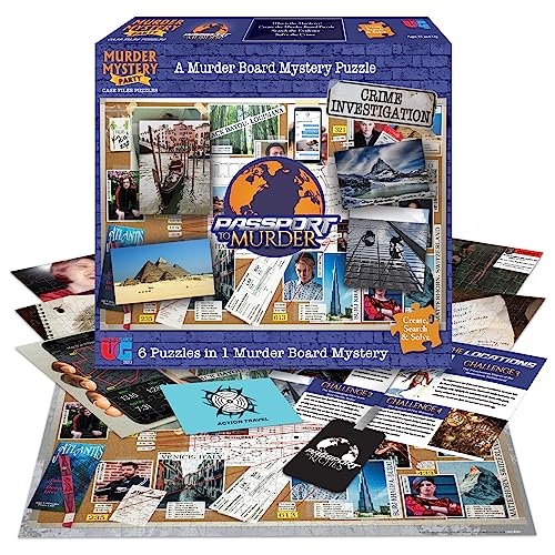 Murder mystery jigsaw puzzle box with passport theme and case file cards.