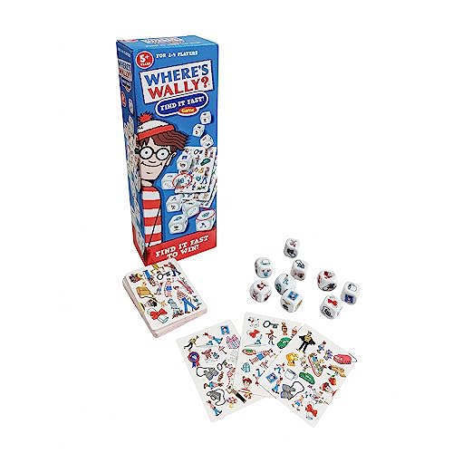 Where's Wally" game box with cards and dice, featuring a striped-hat character.