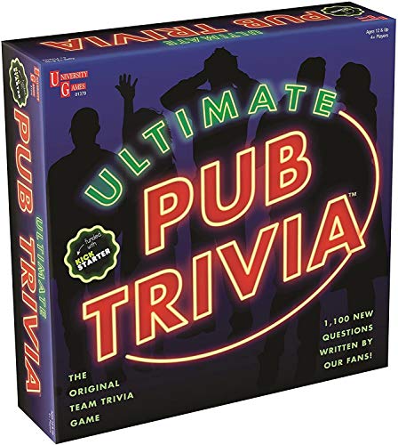 Box for “Ultimate Pub Trivia” game with neon-style lettering and silhouettes.