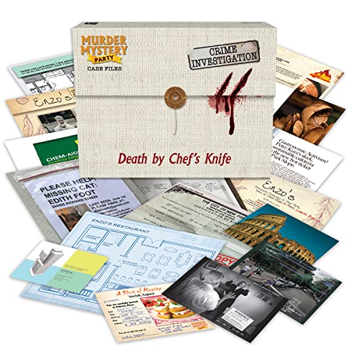 Murder mystery game with envelope, clues, and images of a chef and city.