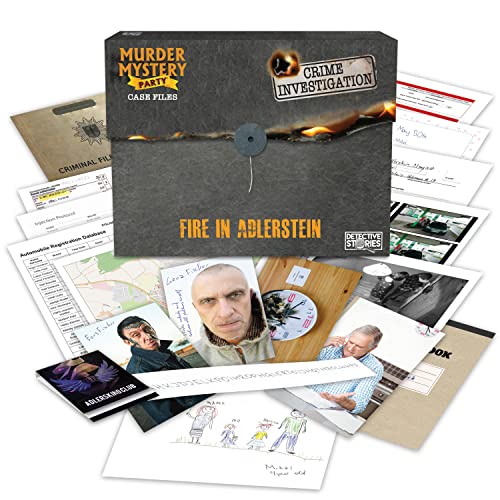 Game box and scattered files for a "Murder Mystery Party" case.