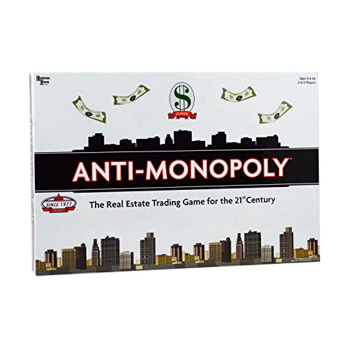 Anti-Monopoly board game box with cityscape and money illustrations.